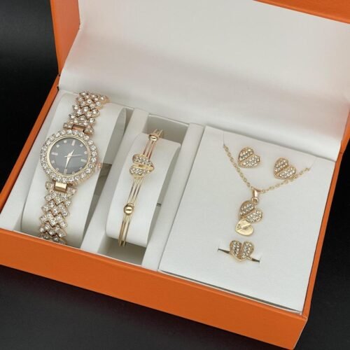 Cross-border explosive sale of women's watches diamond accessories 5pcs suit new gem quartz watch women can be customized for color retention