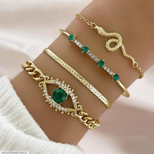 4 Pcs Gold Plated Charms Hanging Bracelet Set with Rhinestones